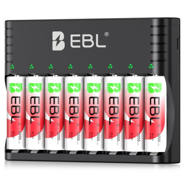 EBL Rechargeable Lithium Batteries AA/AAA with Charger 8-Pack, 3000mWh High Capacity 1.5V Rechargeable Battery, Long-Lasting Lithium AA Battery